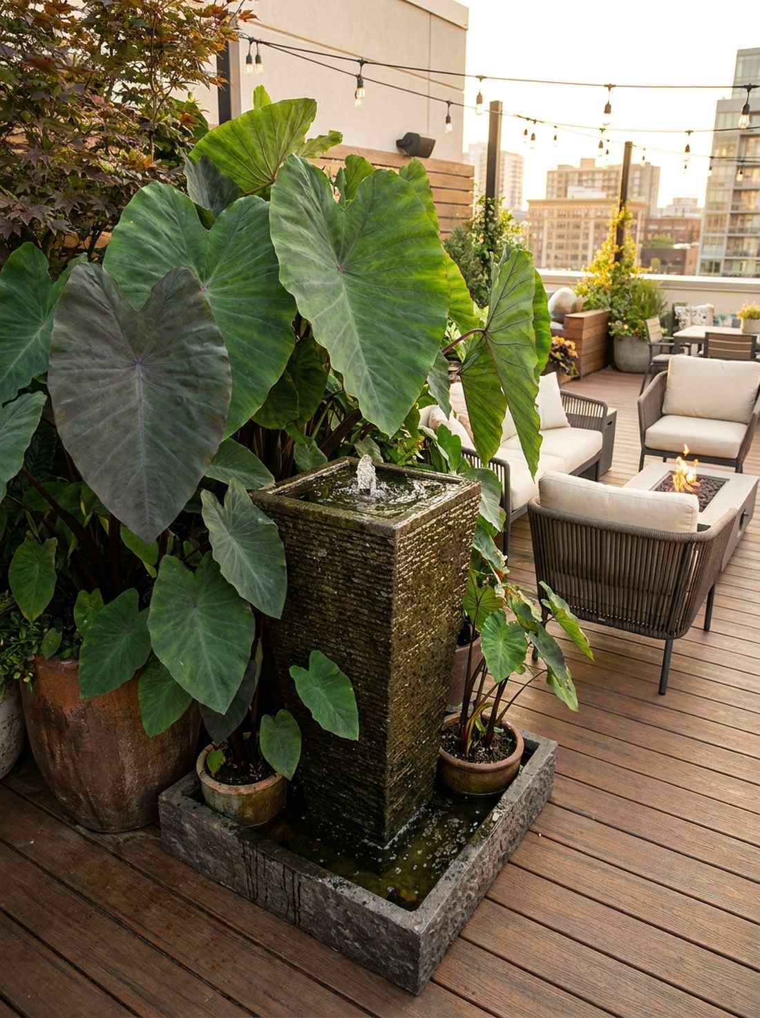 corner water feature with taro plants
