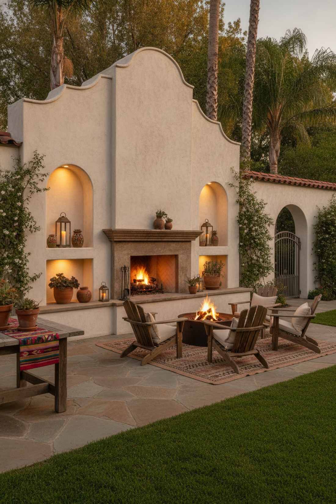 fireplace wall with arched niches and display shelves