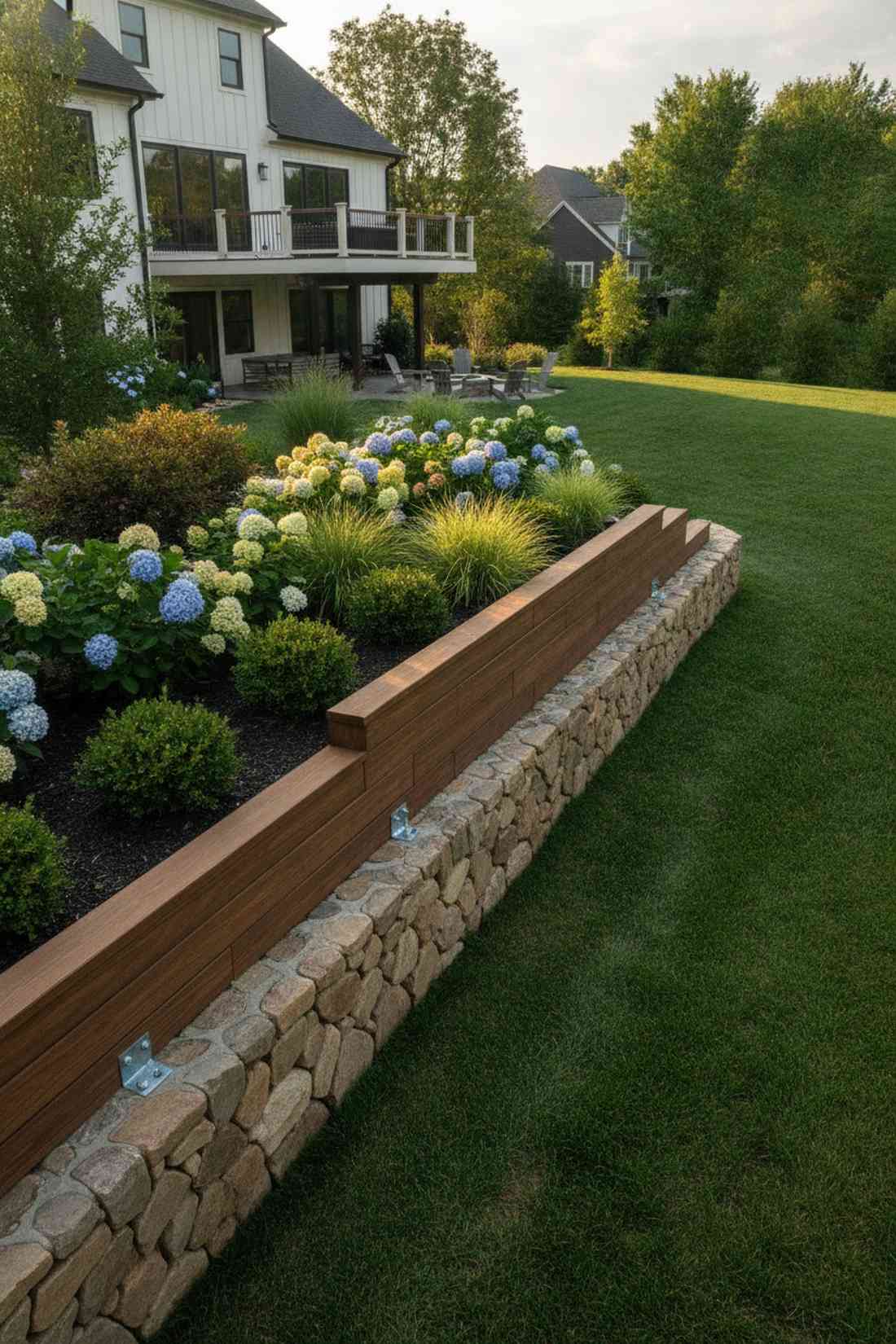 low stone wall with wood top