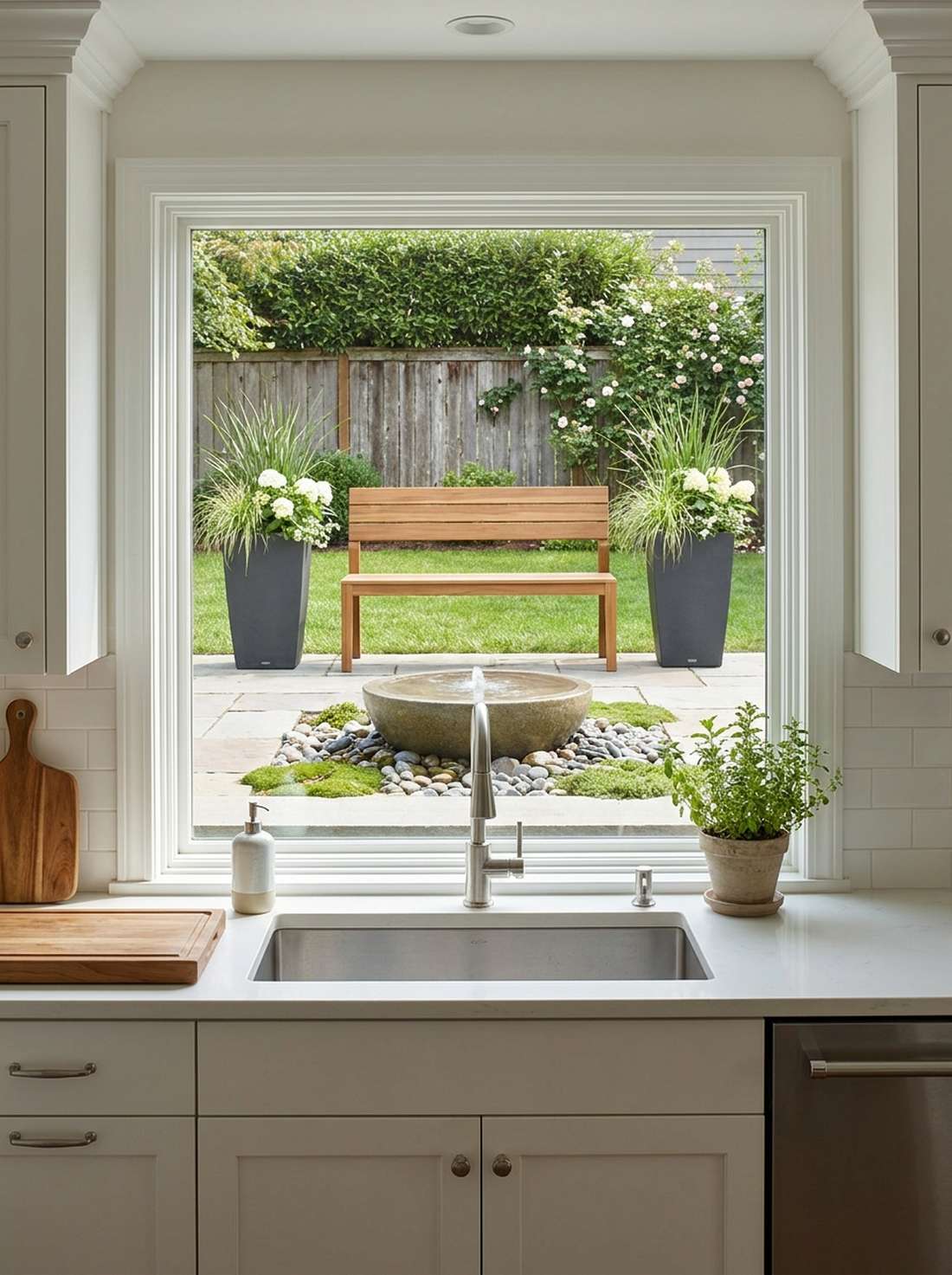 window aligned bench and planter