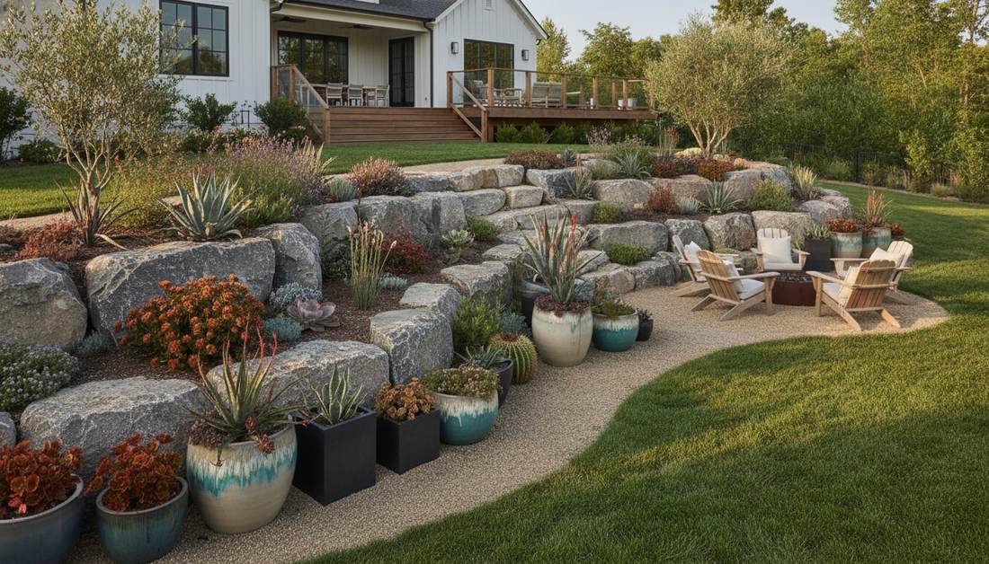 383 rock garden with potted plants vertical