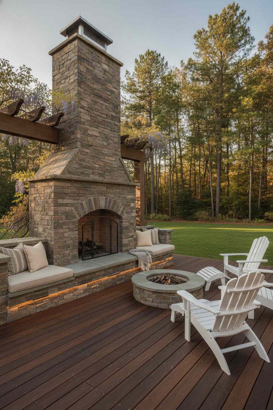 outdoor fireplace with stone chimney