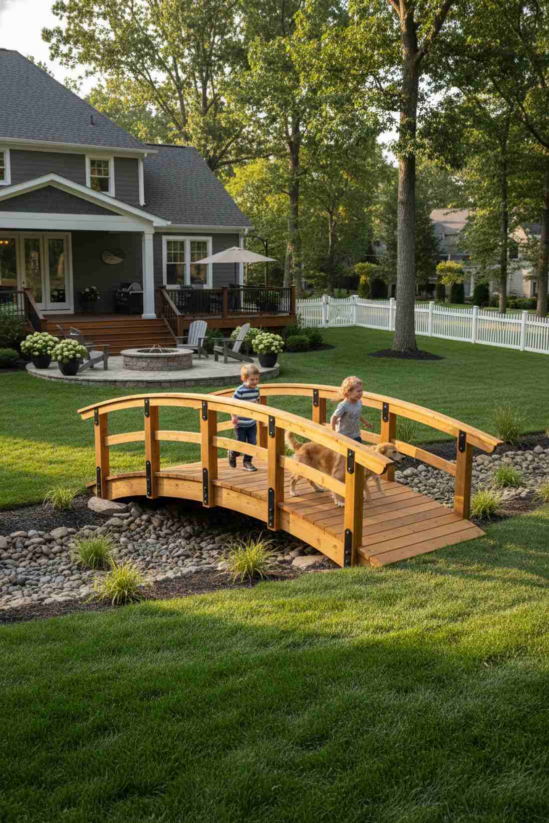 double rail arched pine bridge