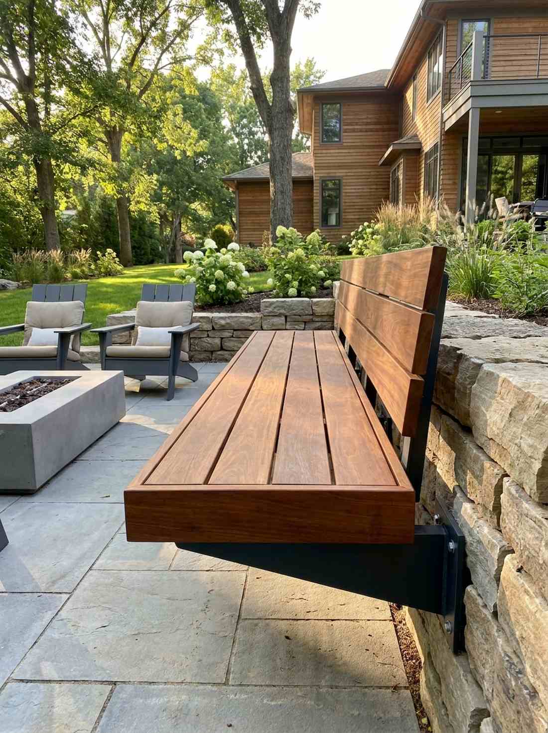 floating wood bench with metal brackets