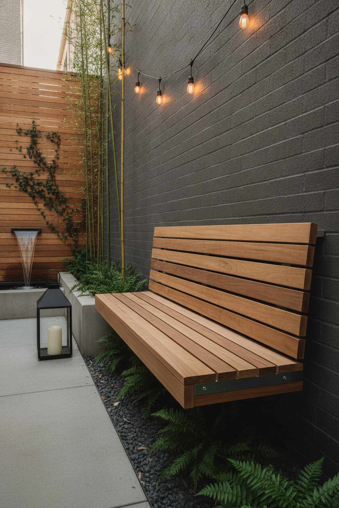 floating wood bench with steel brackets