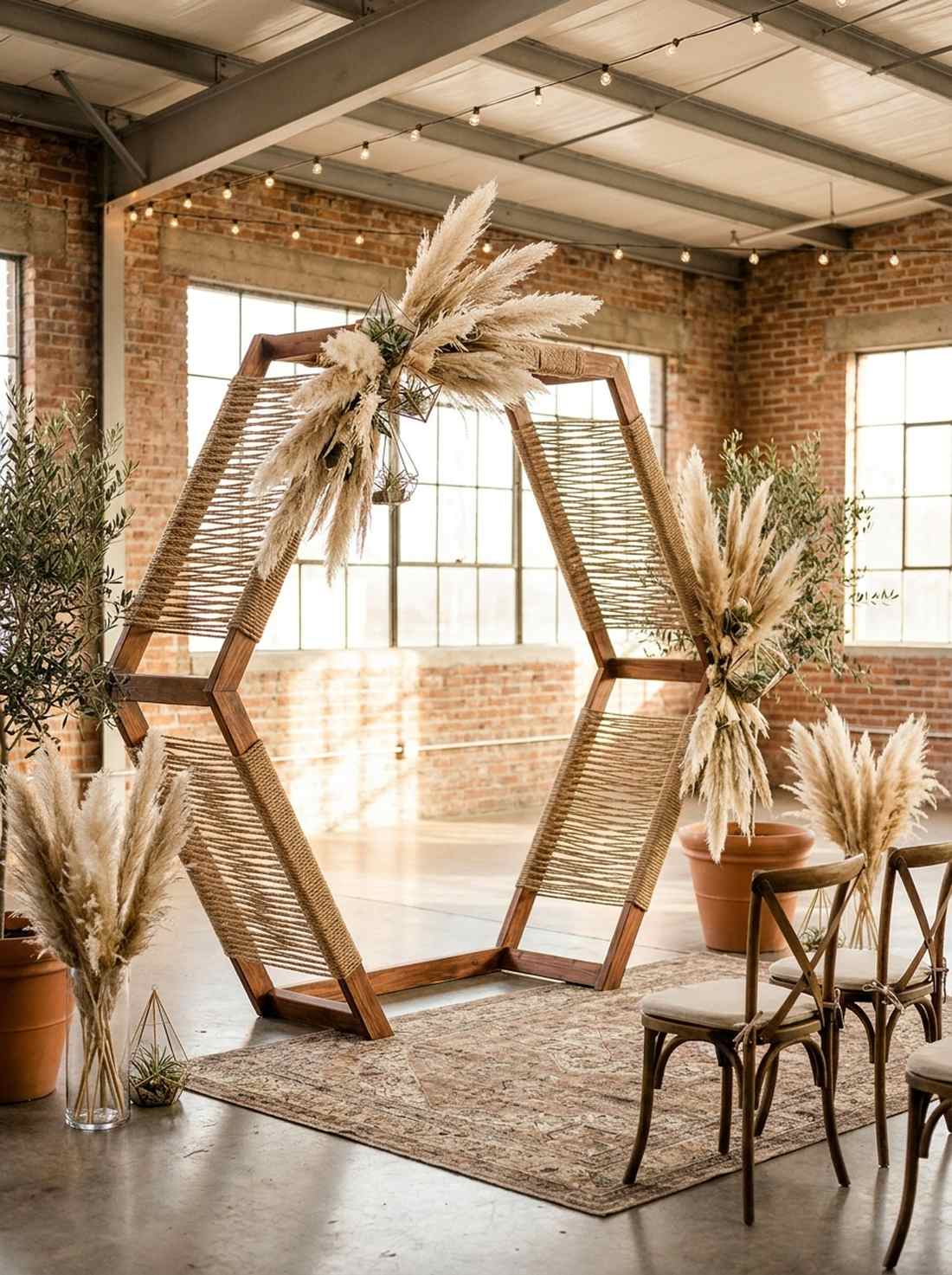 hexagon frame wrapped in macrame and pampas grass
