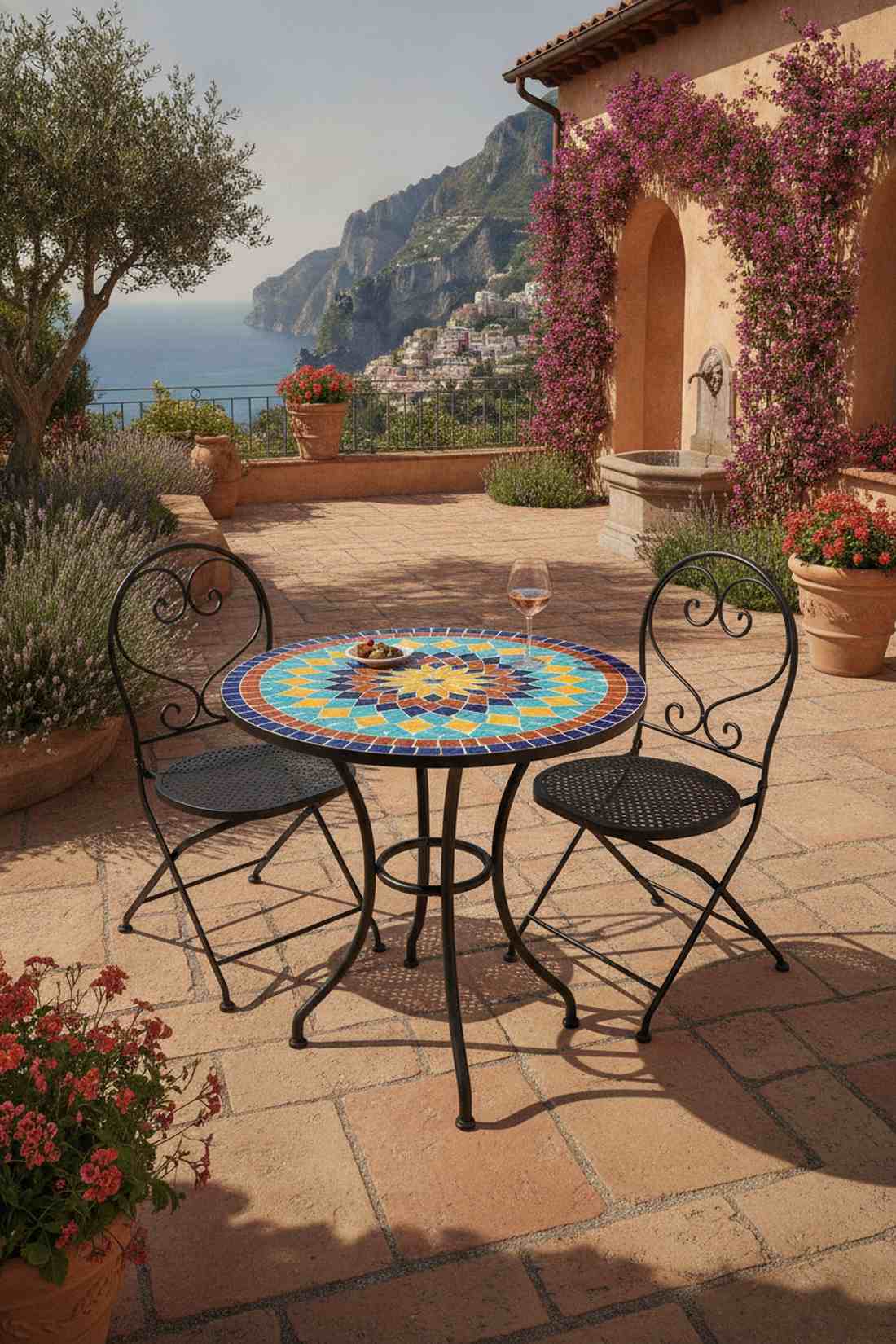 mosaic tile bistro with wrought iron