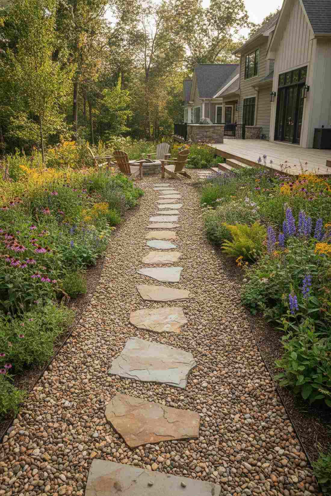 natural river gravel with organic slate steppers