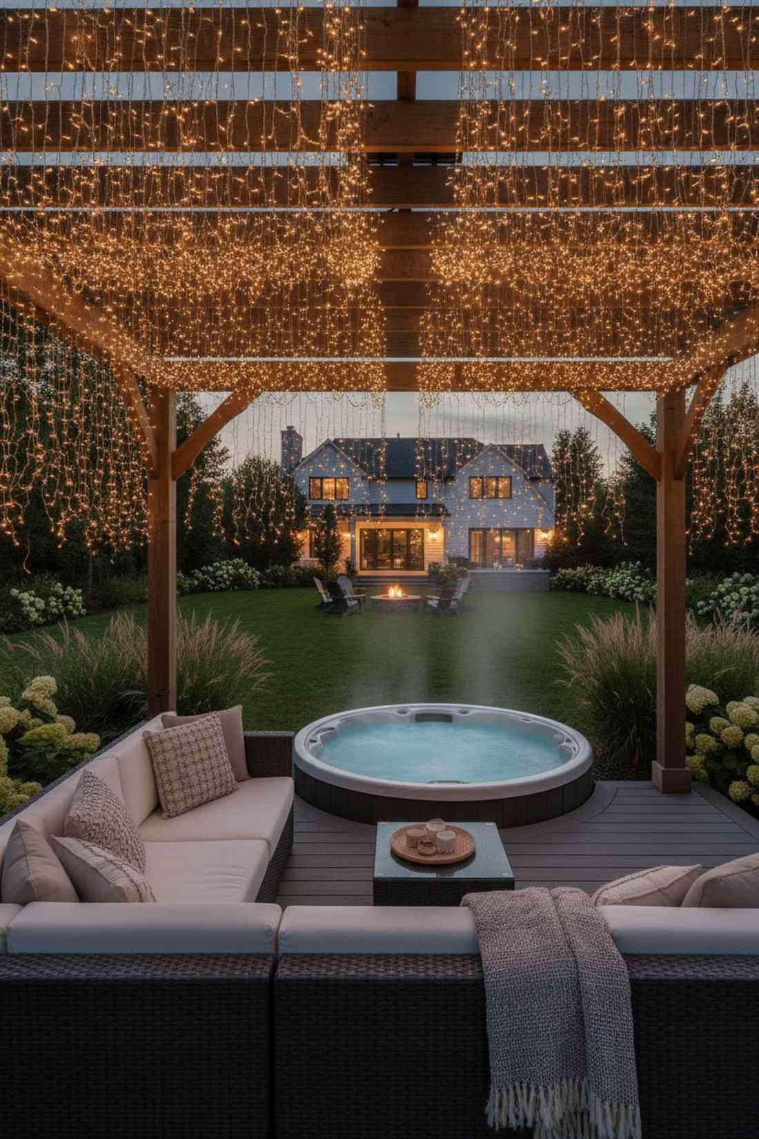 pergola draped fairy lights