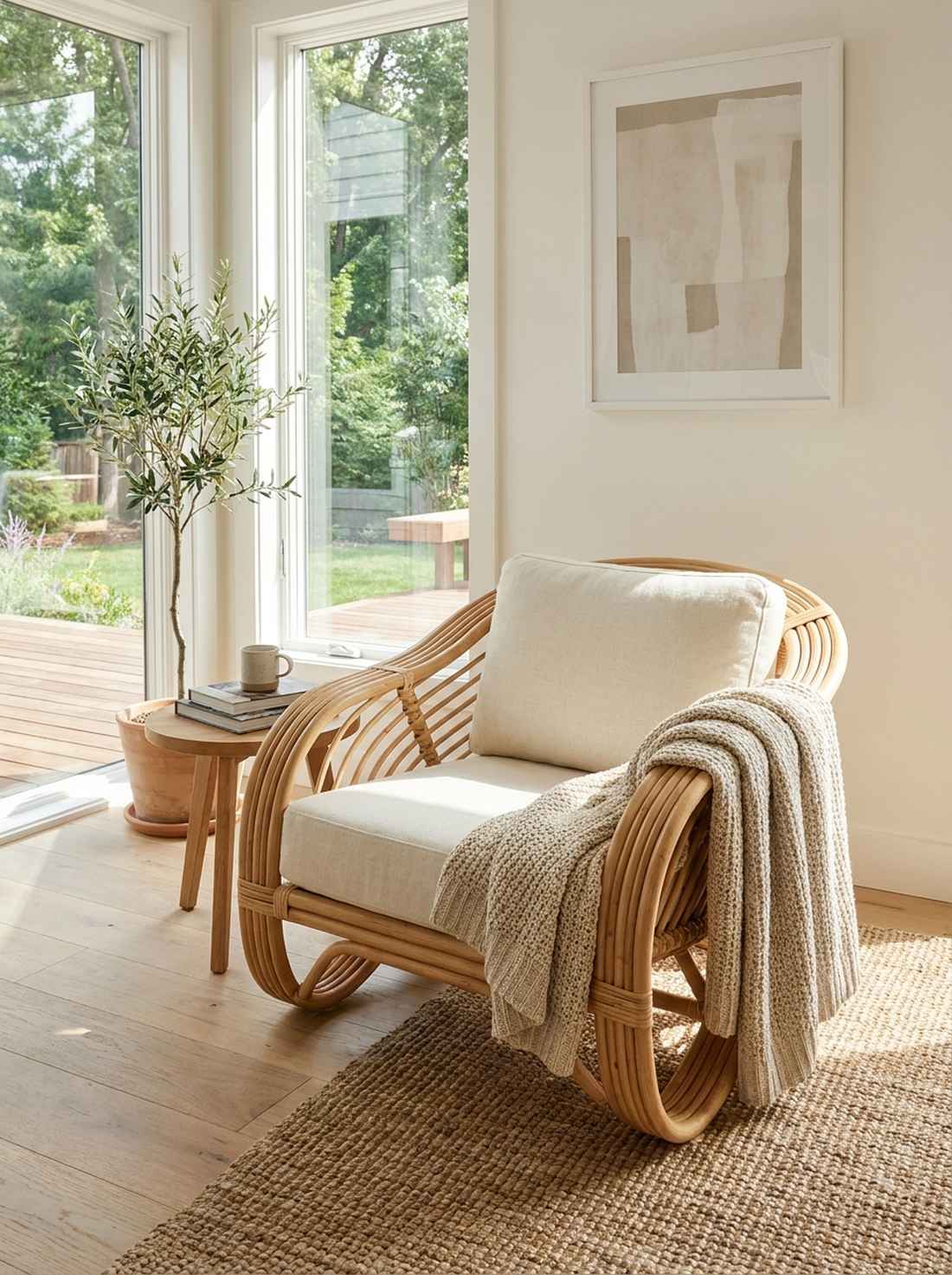 rattan accent chair with neutral cushion