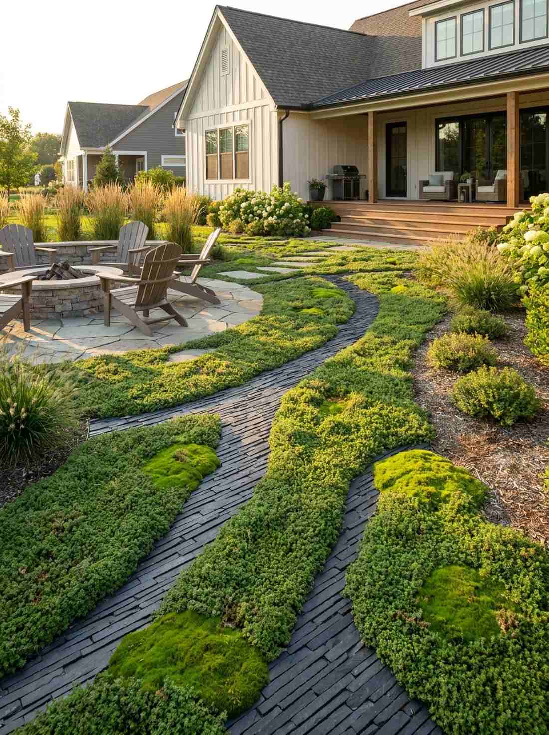 slate ribbons through groundcover