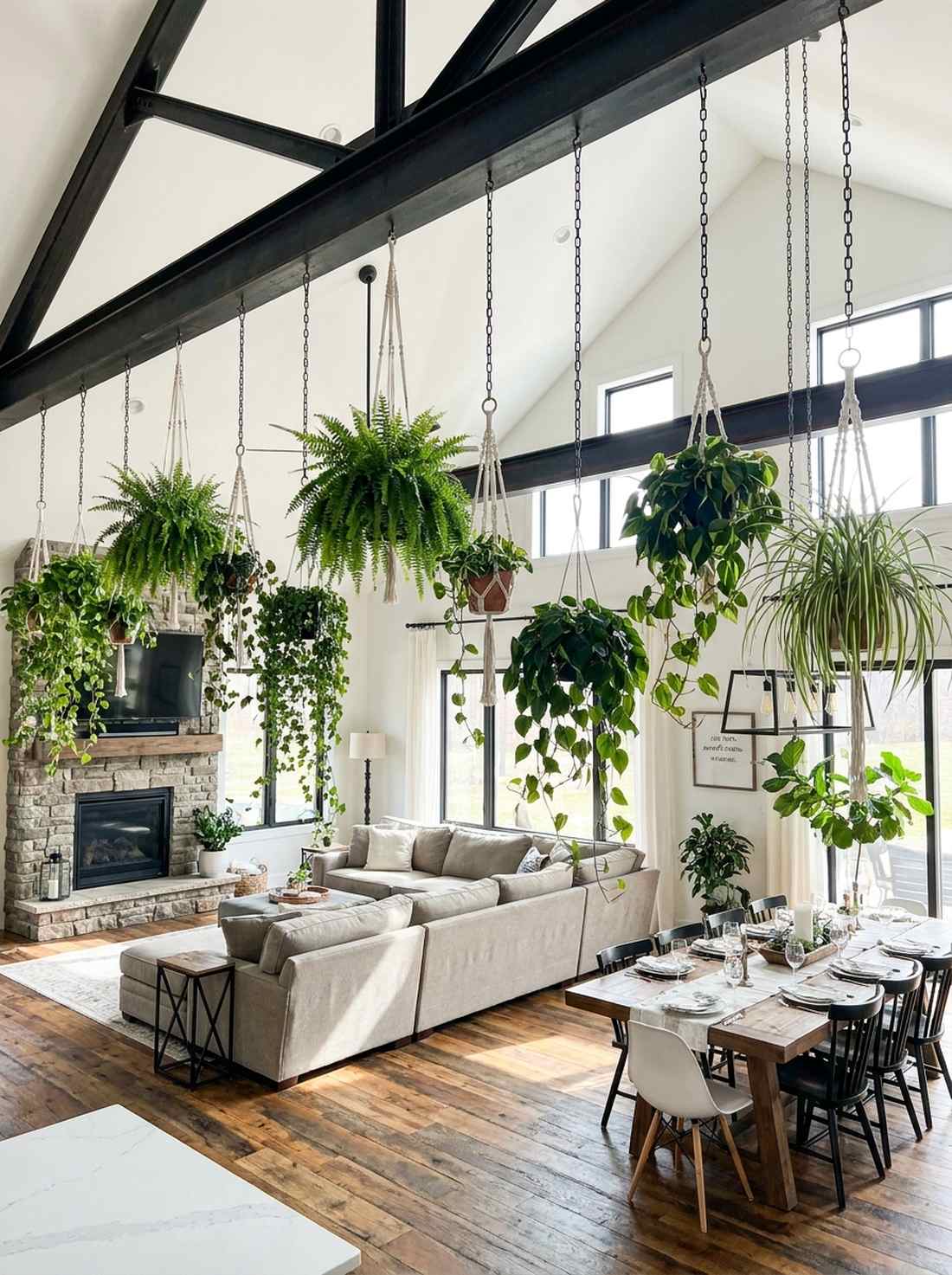steel beam ceilings with hanging plants