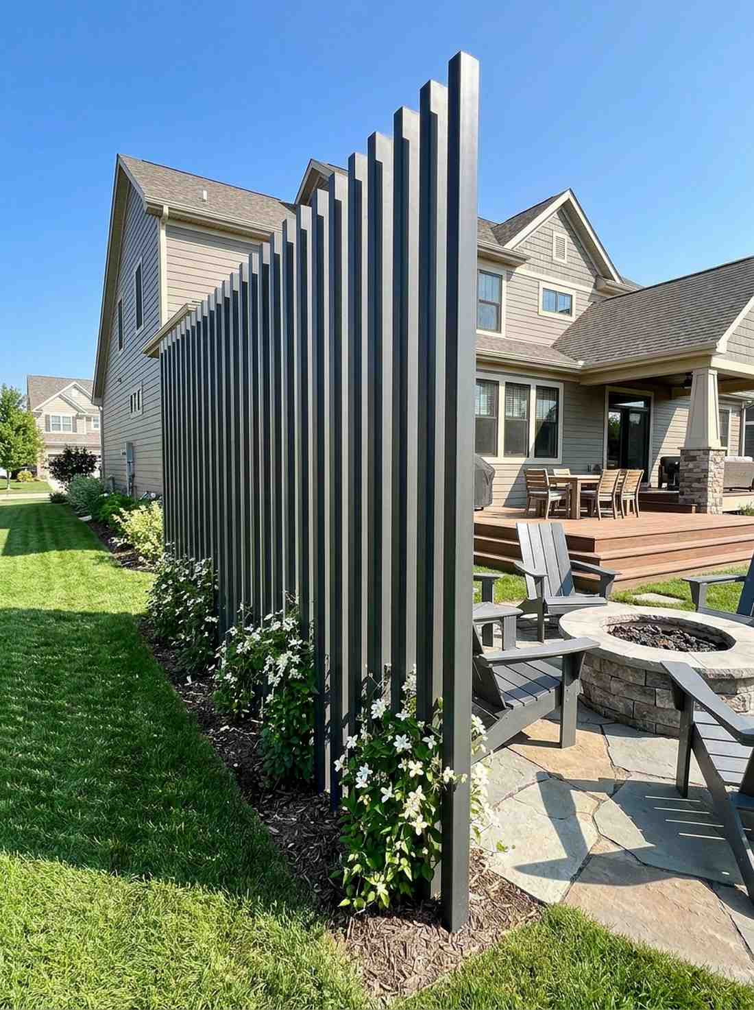 vertical slat screen in charcoal steel