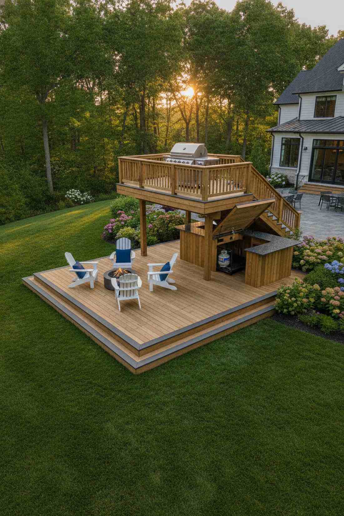 elevated grill deck with lower bar patio