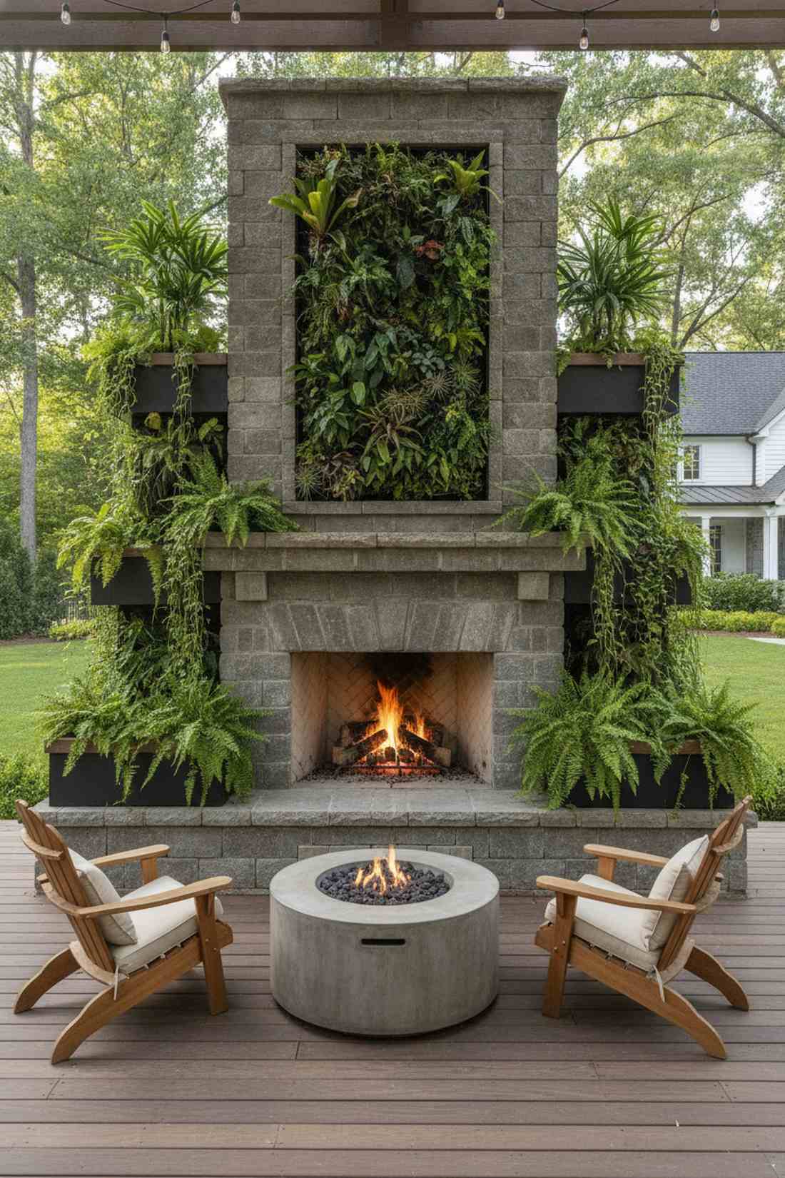 fireplace with integrated planters and green wall
