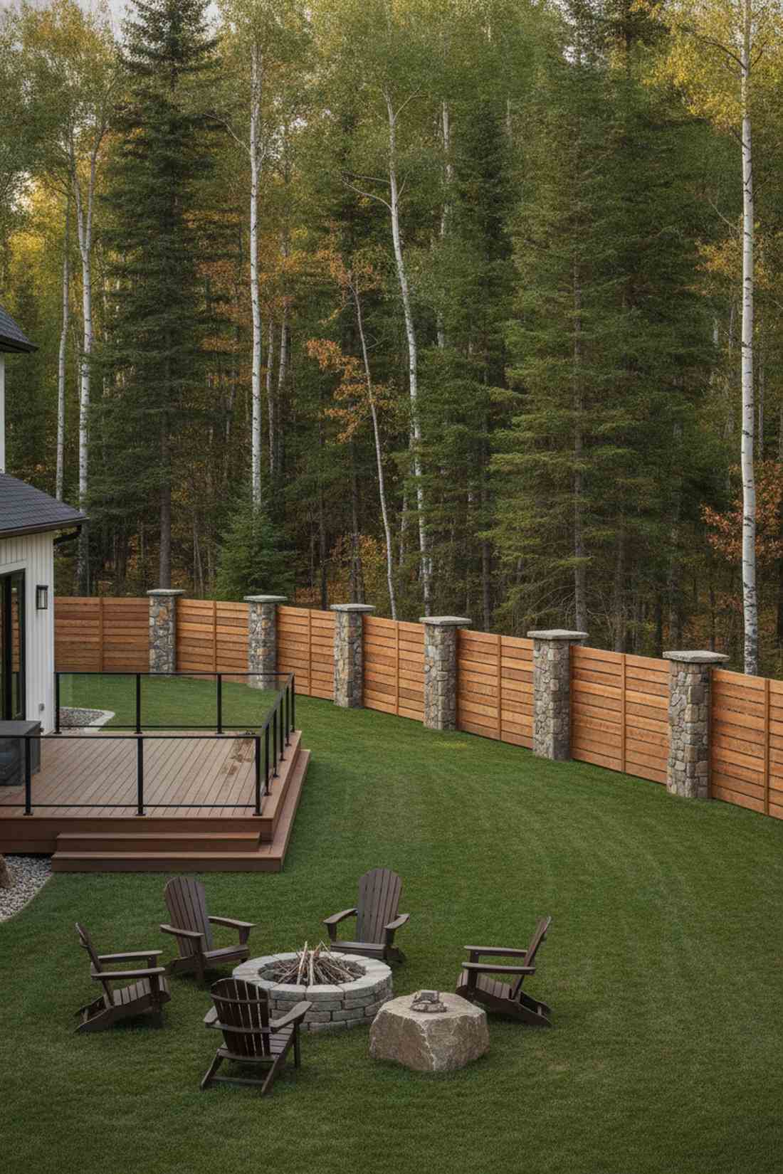 stone and cedar slat fence