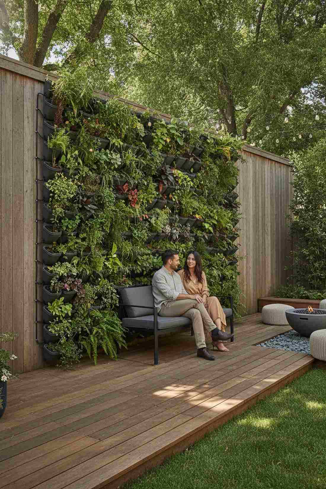vertical wall garden with slim seating