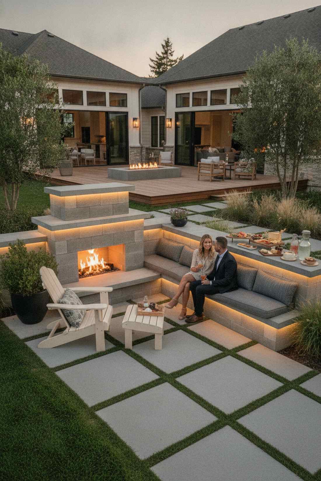 multi level fireplace with tiered hearths
