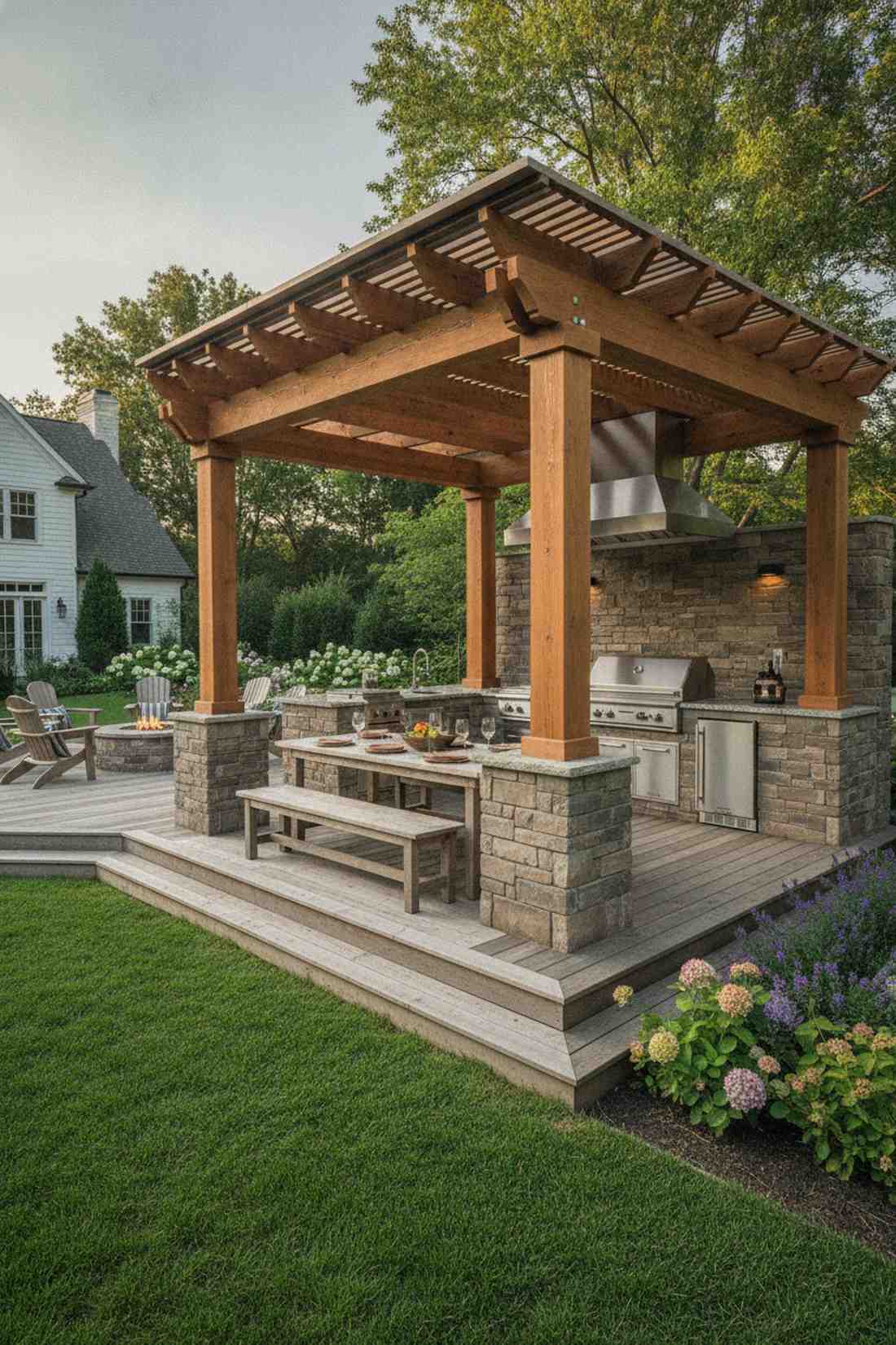 pergola with integrated outdoor kitchen