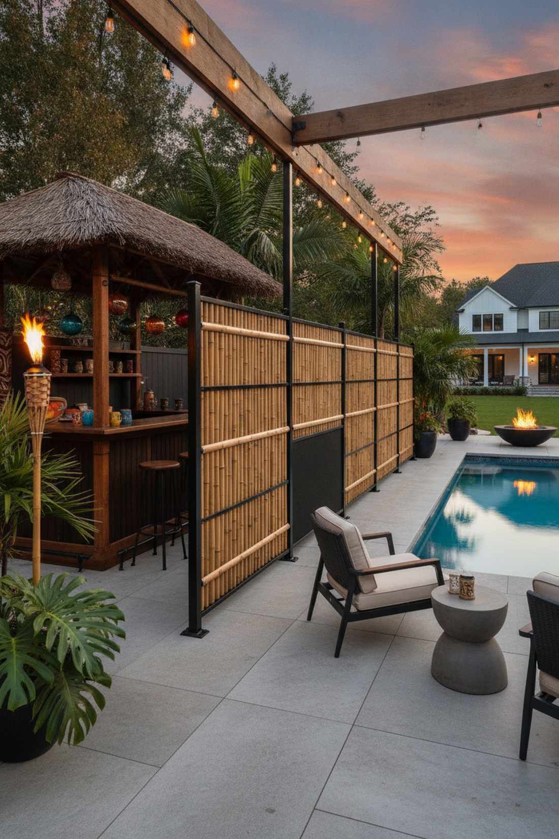 bamboo and black steel frame fence