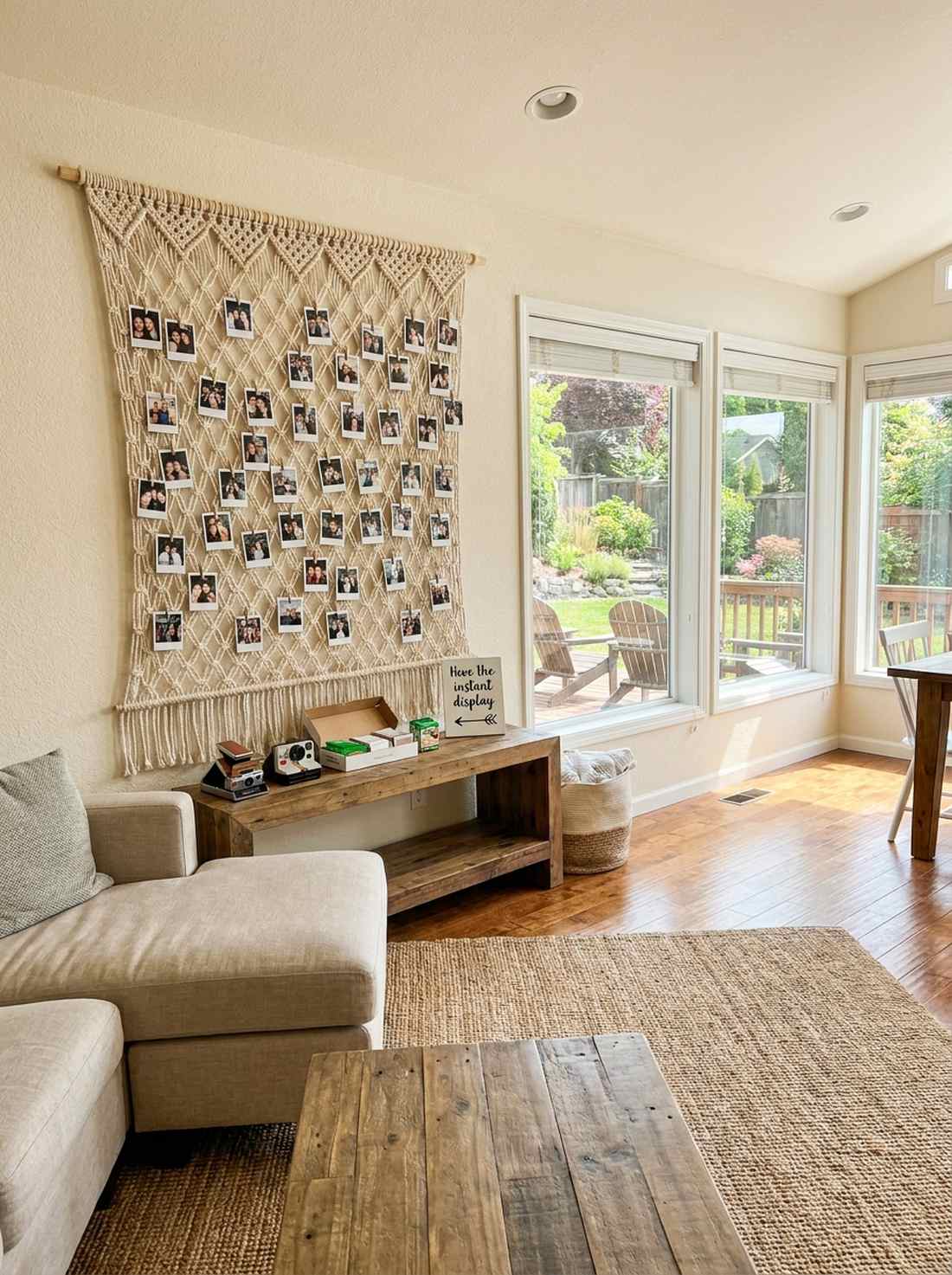 macrame photo display with polaroid station