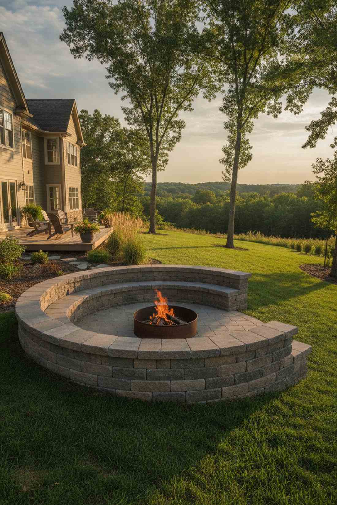 rustic fire ring with stone bench wall