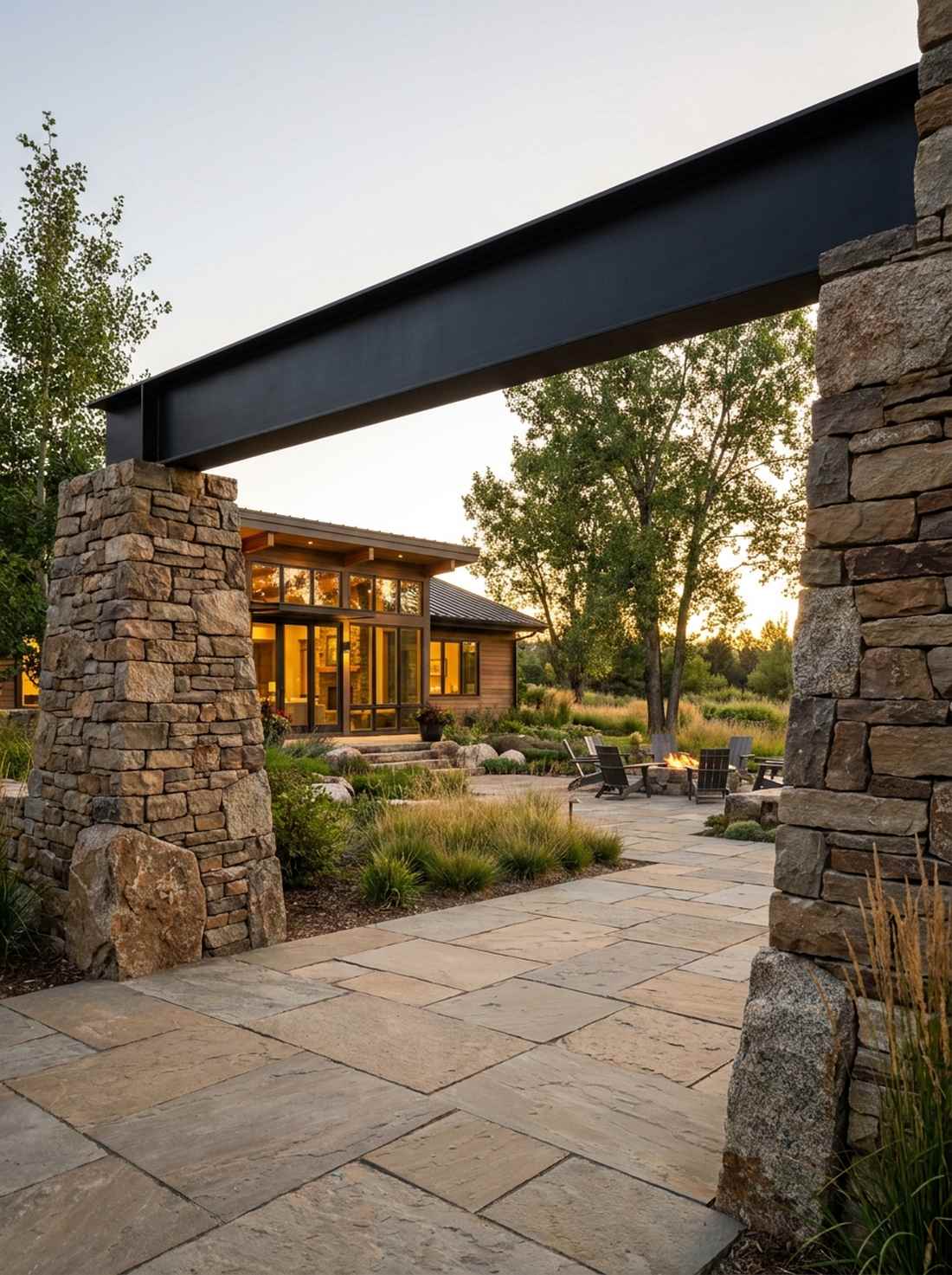 stone pillar with steel beam