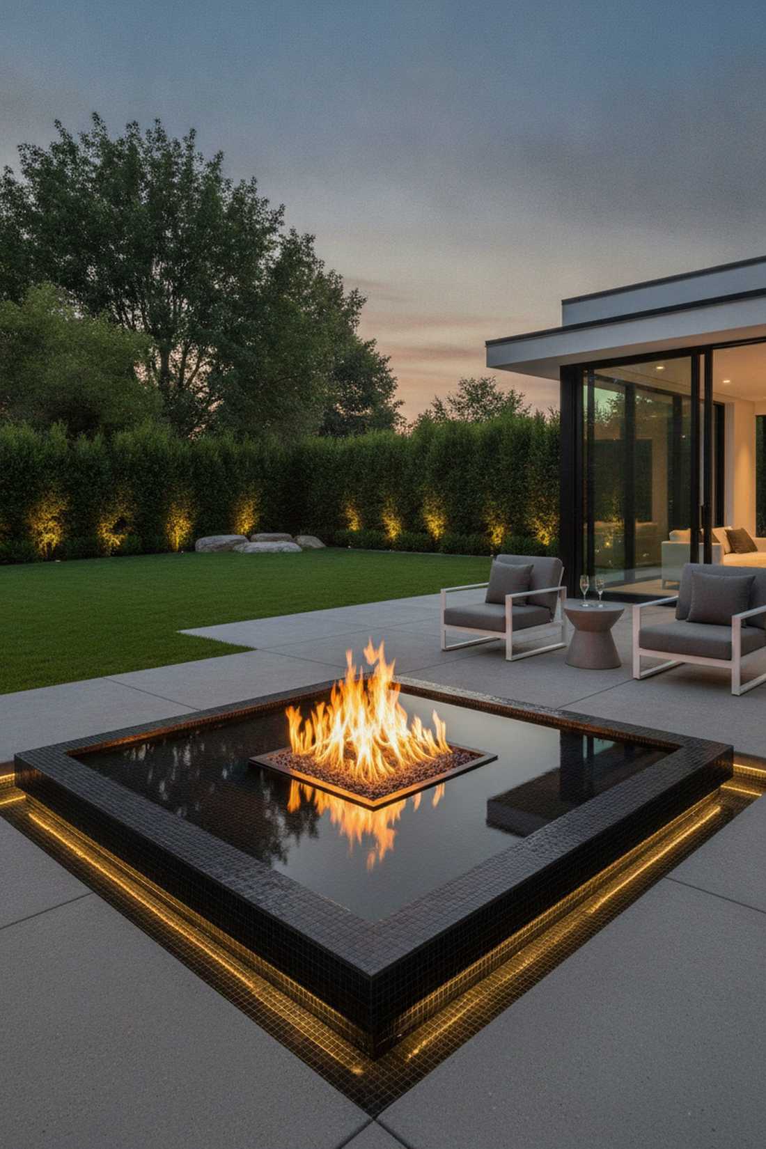 modern fireplace with water basin surround