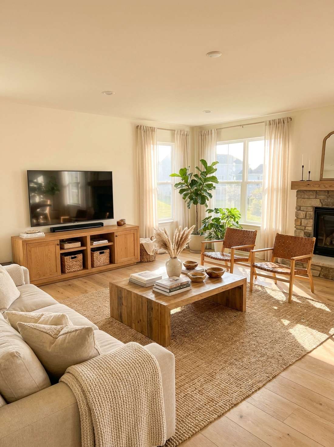 neutral base with warm wood tones