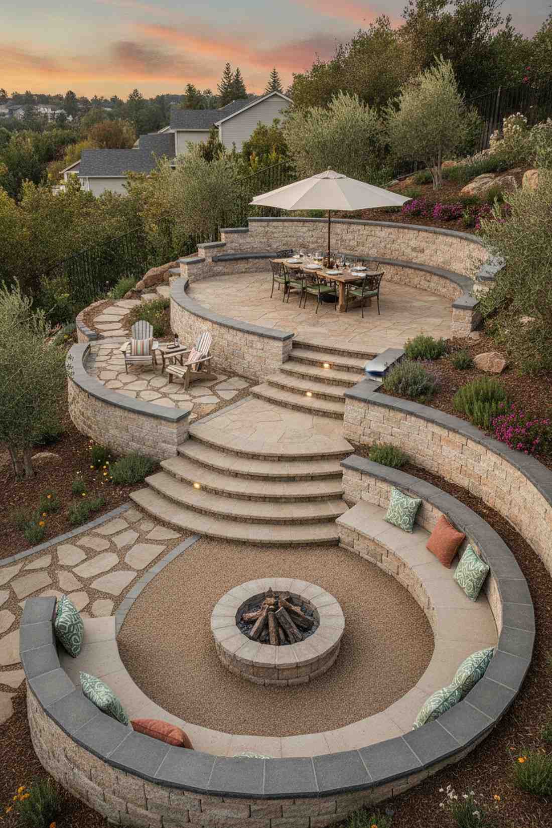 terraced patios with connecting stairs
