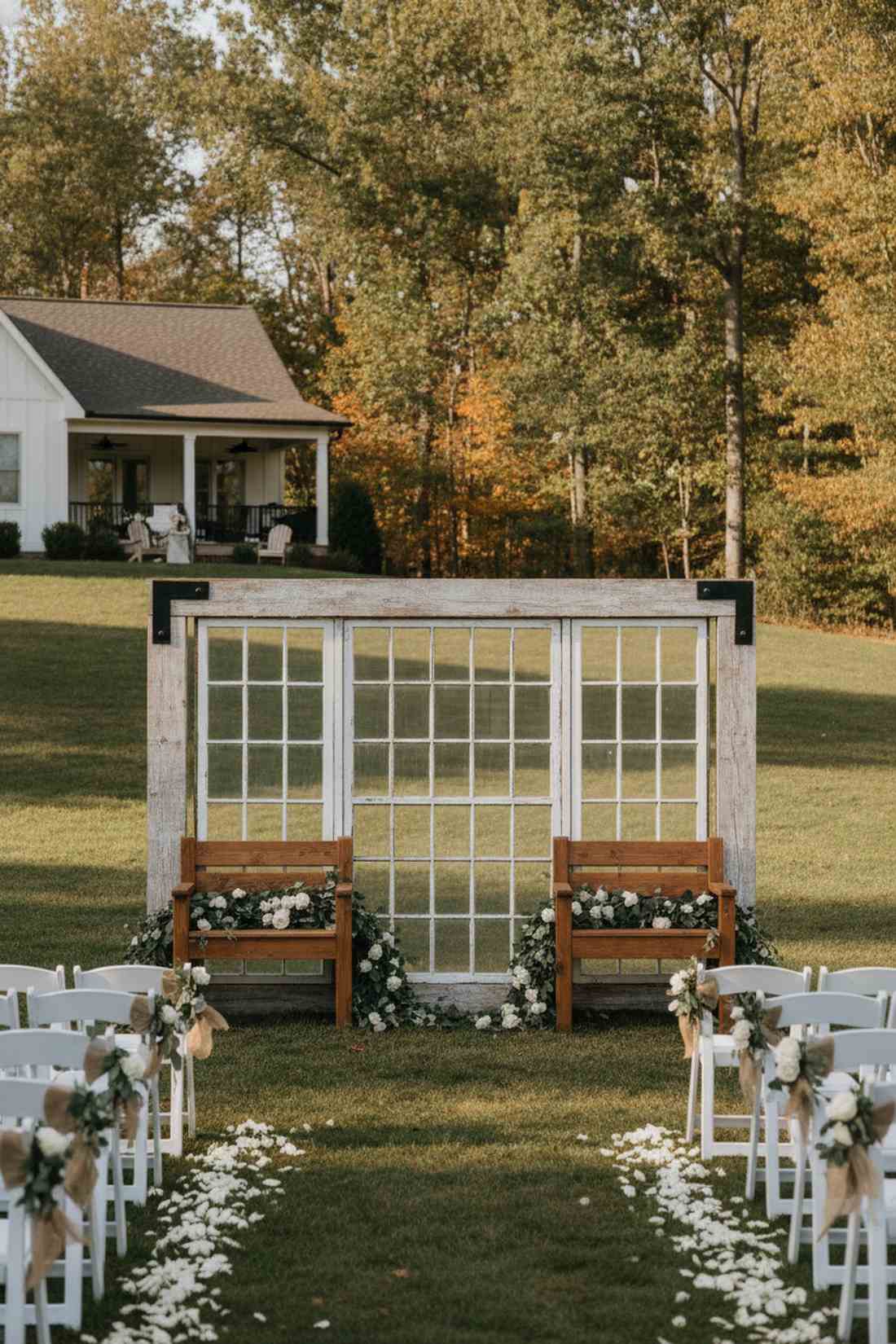 window pane ceremony backdrop with built in seating