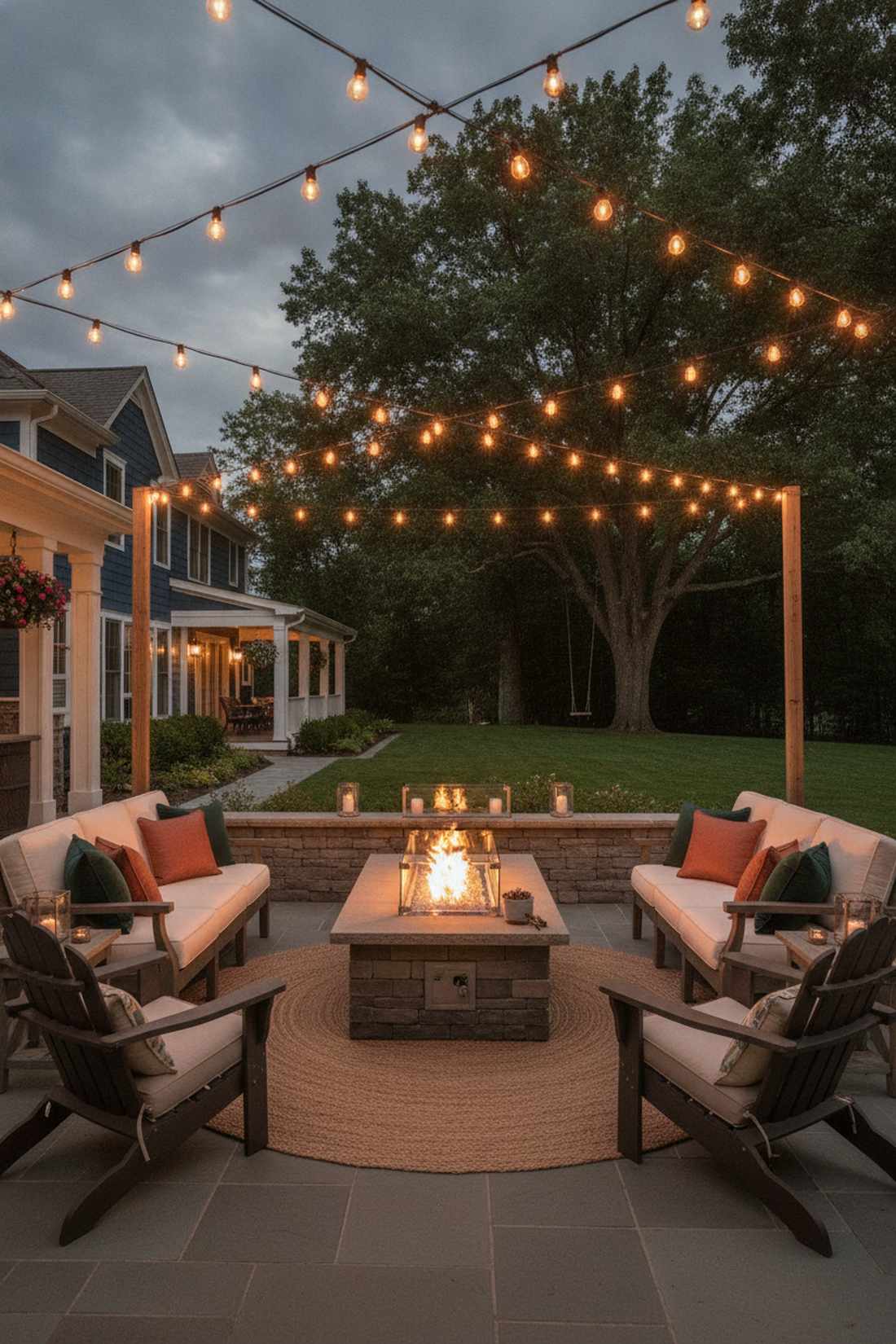 string lights overhead with fireplace focal point