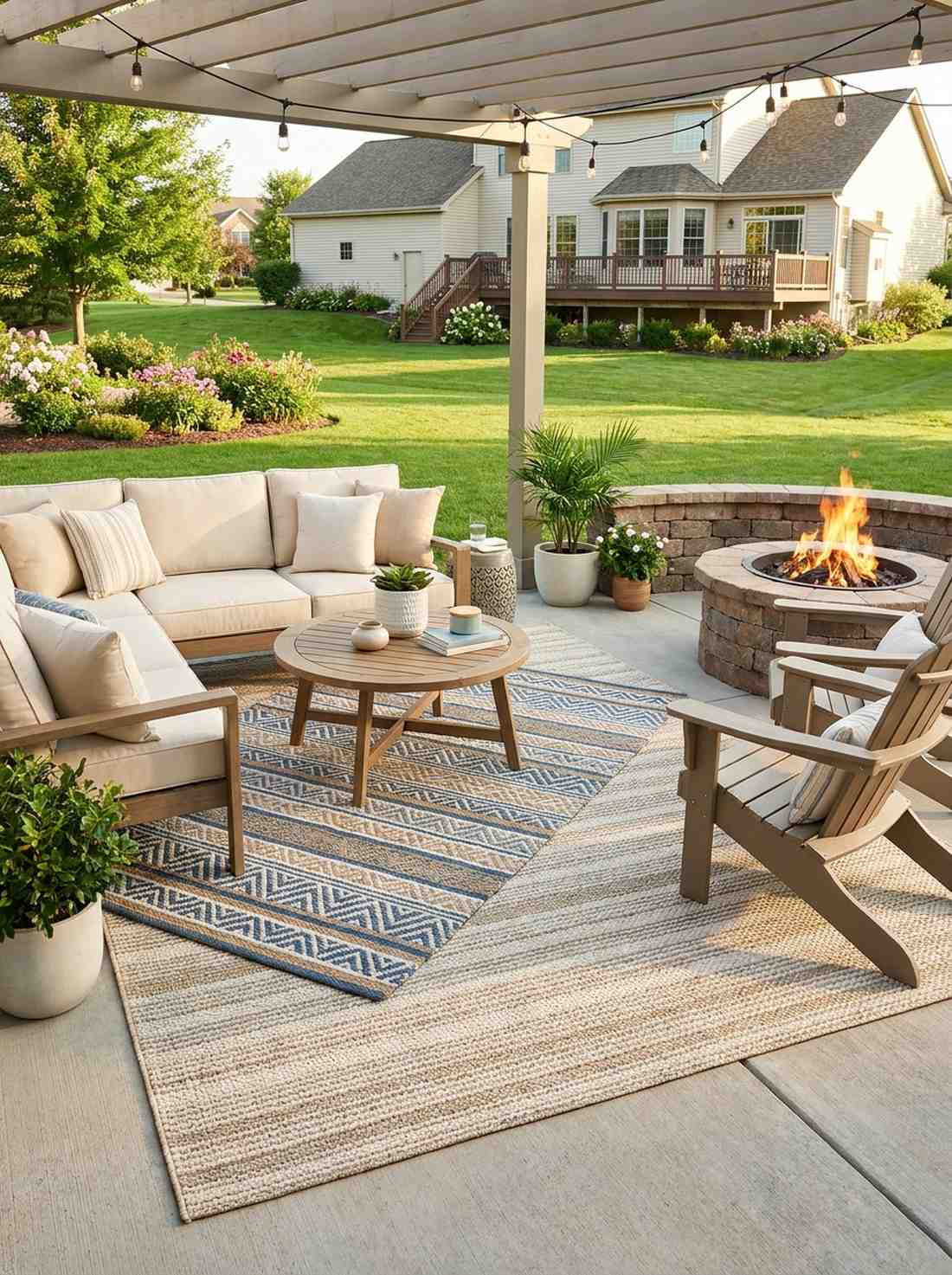 layered outdoor rugs on patio