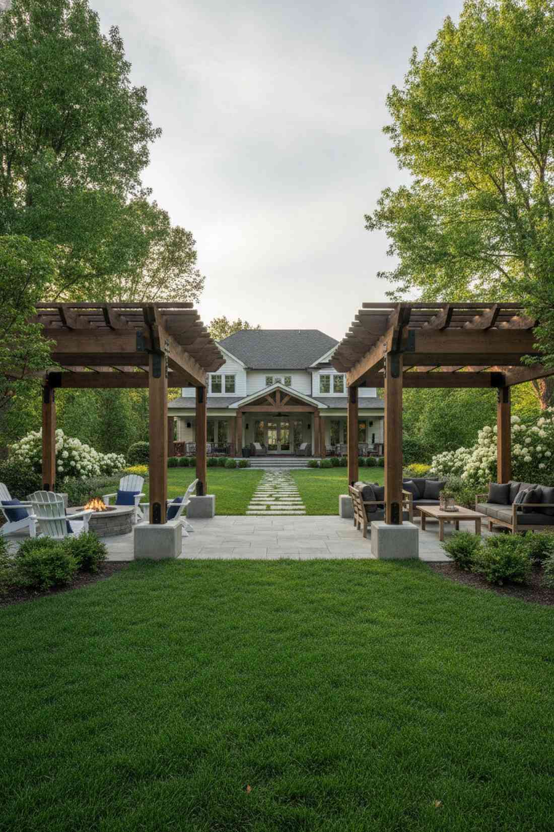 twin pergolas flanking paths