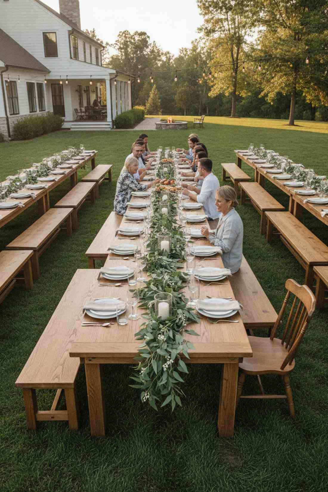 long farm tables with bench seating