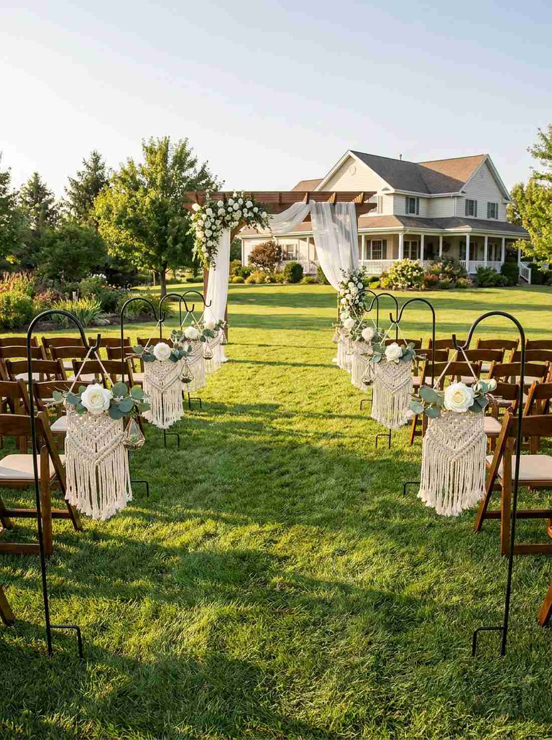 macrame aisle markers with shepherd hooks