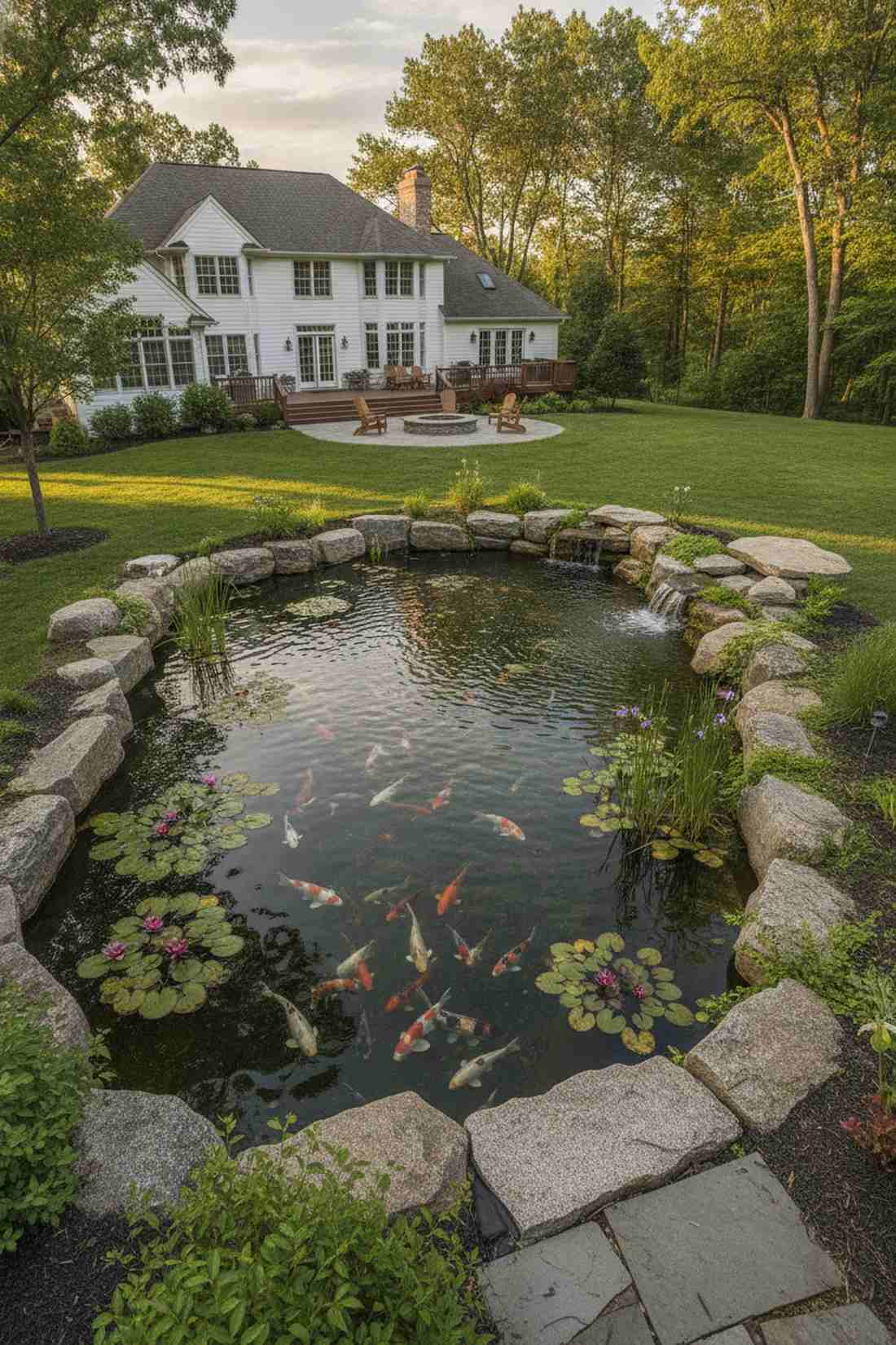 koi pond with stone edging