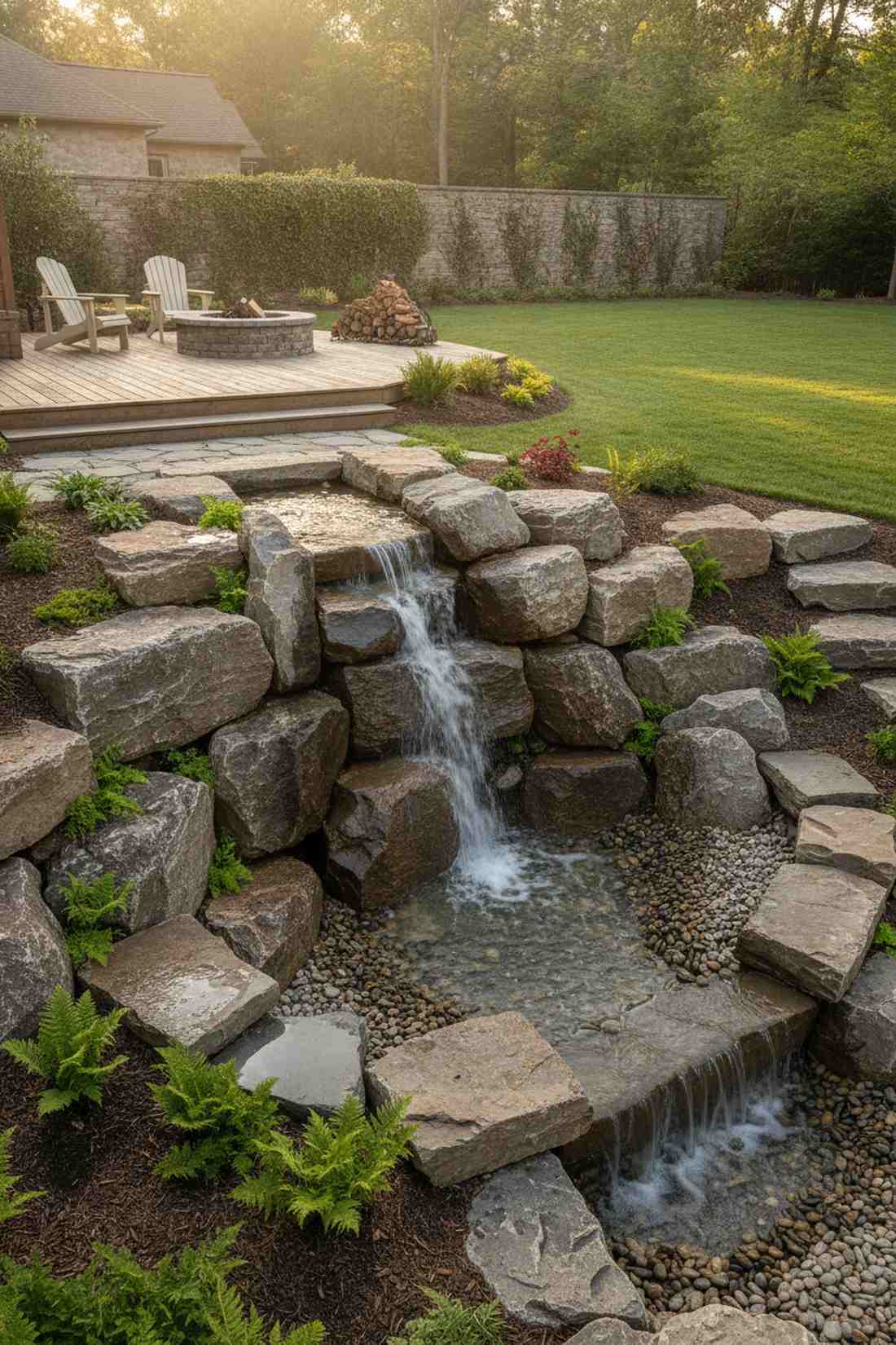 boulder waterfall with seating surround
