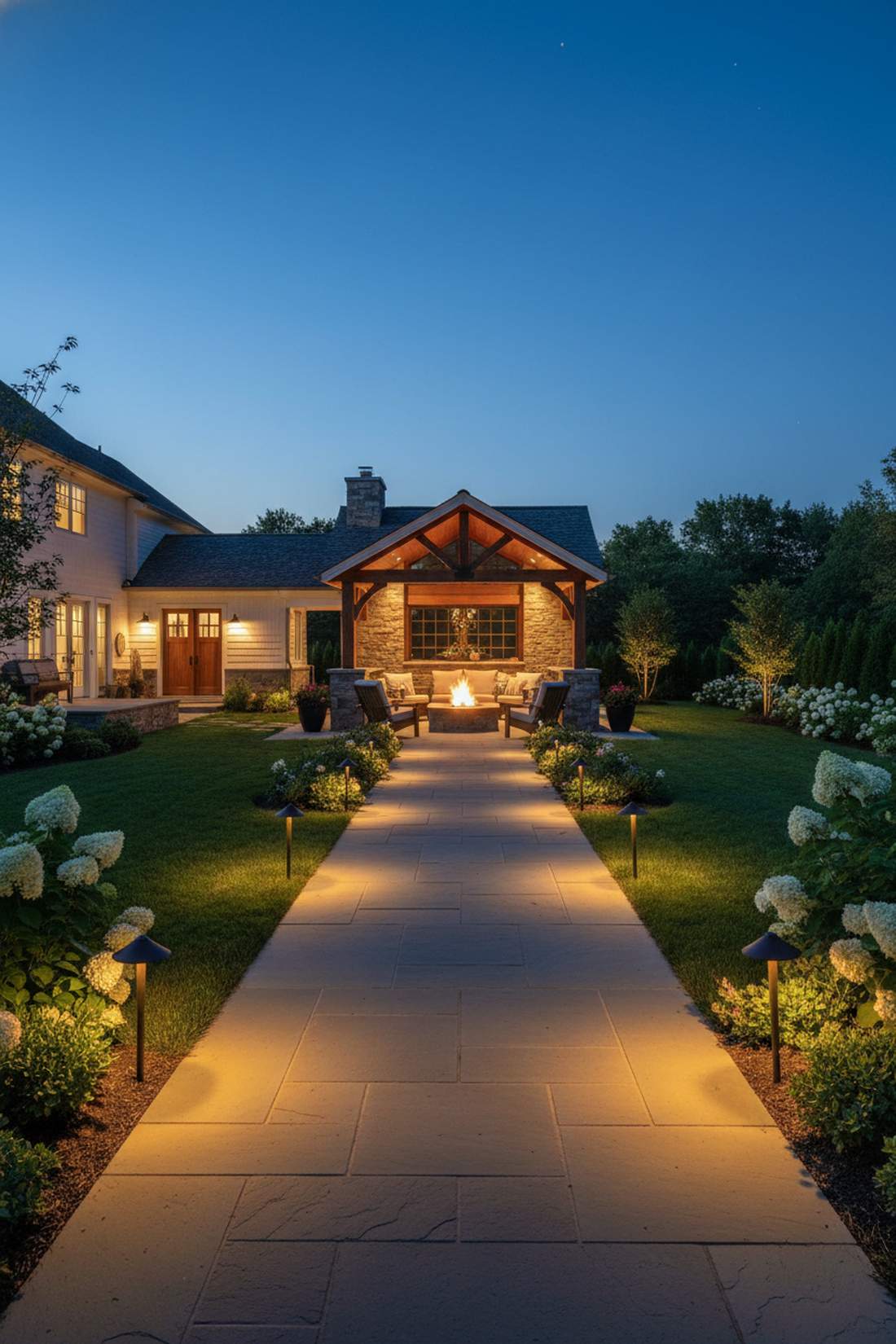 pathway lighting leading to fireplace retreat