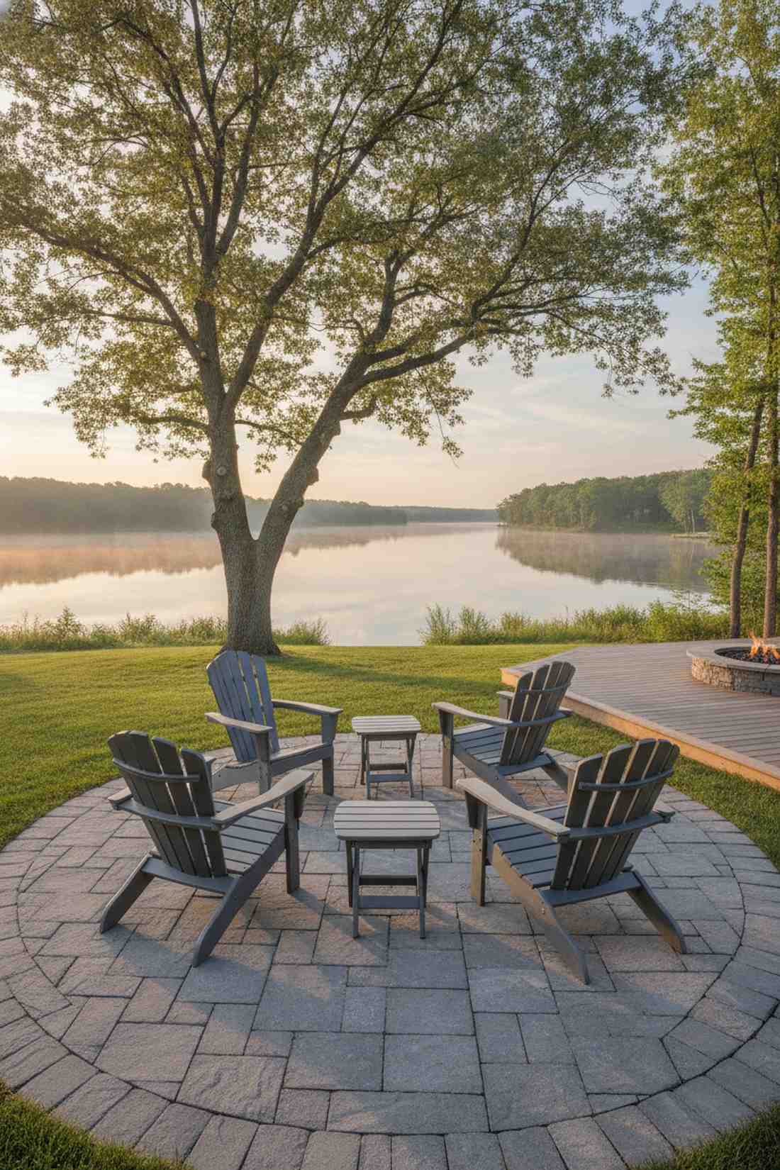 adirondack chairs facing specimen tree