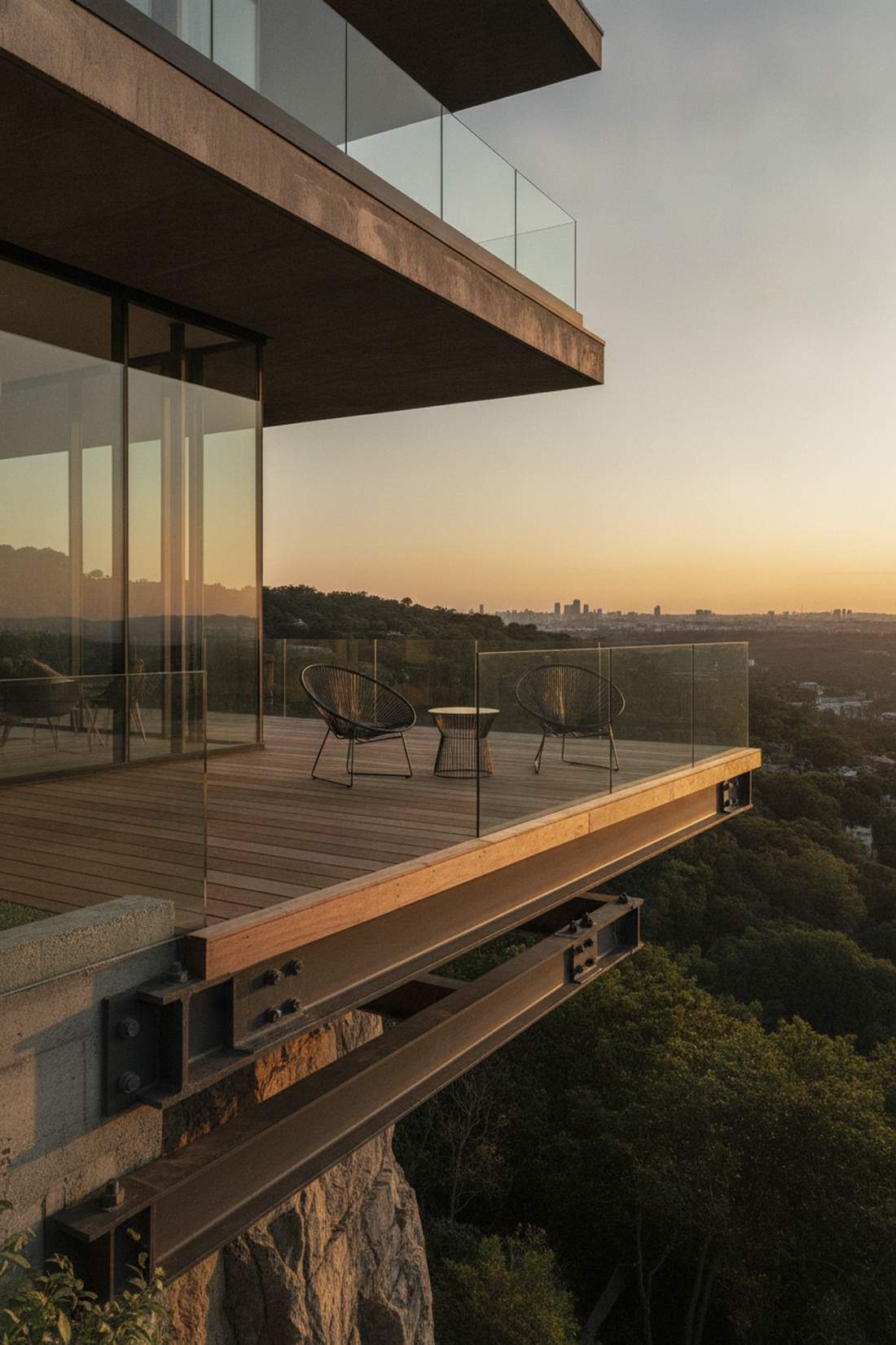 cantilevered lounge decks extending beyond building edge