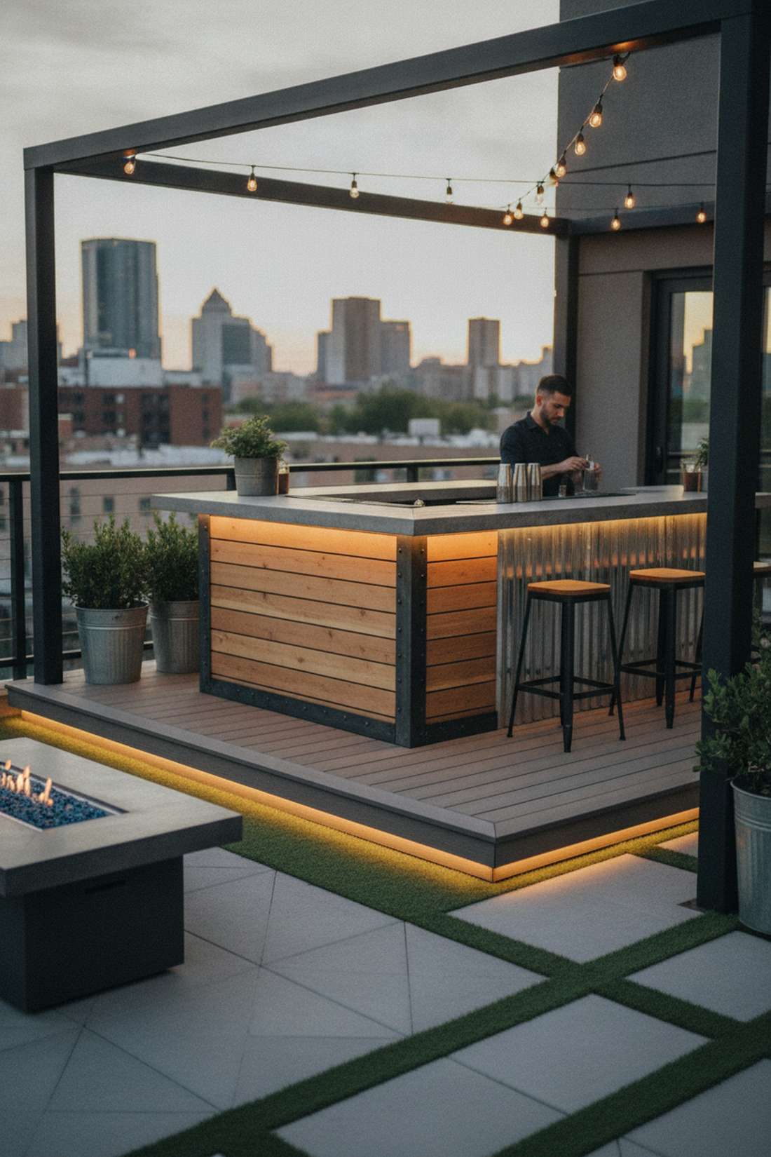 cedar slat bar with metal accents