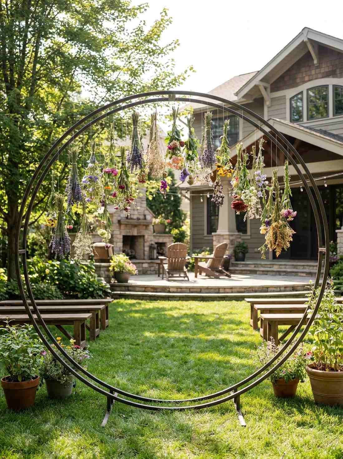 circular moongate arch with suspended wildflowers