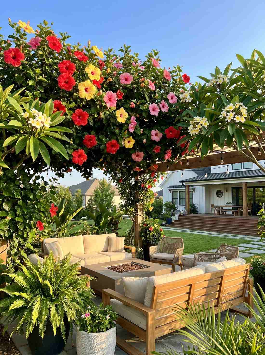 flowering canopy with frangipani and hibiscus trees