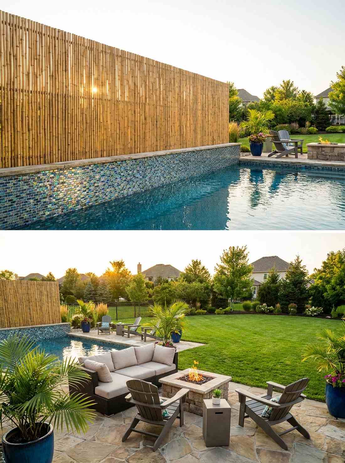 glass tile mosaic waterline with bamboo screen