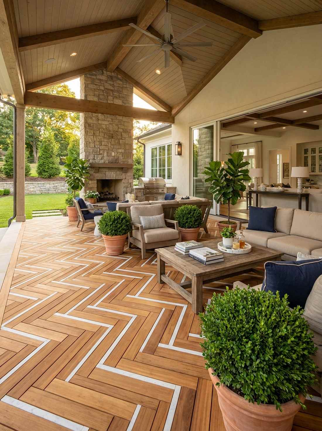 herringbone wood with marble inlay