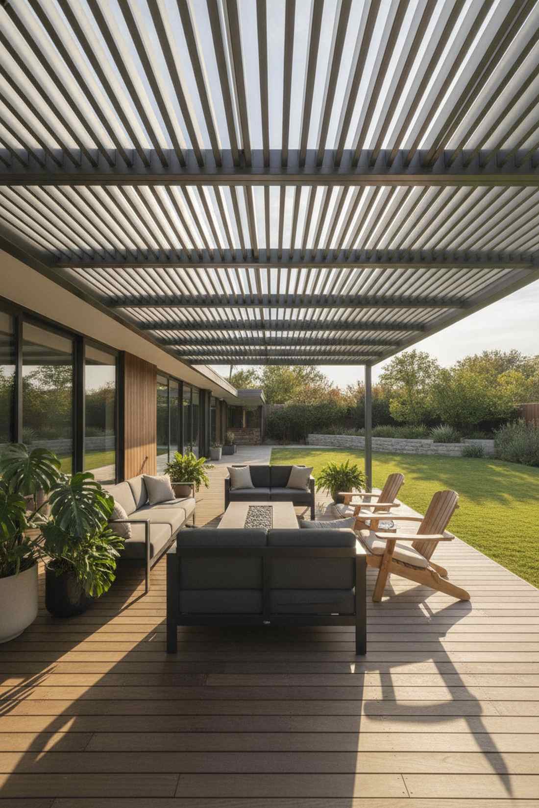 linear slat roof with adjustable spacing