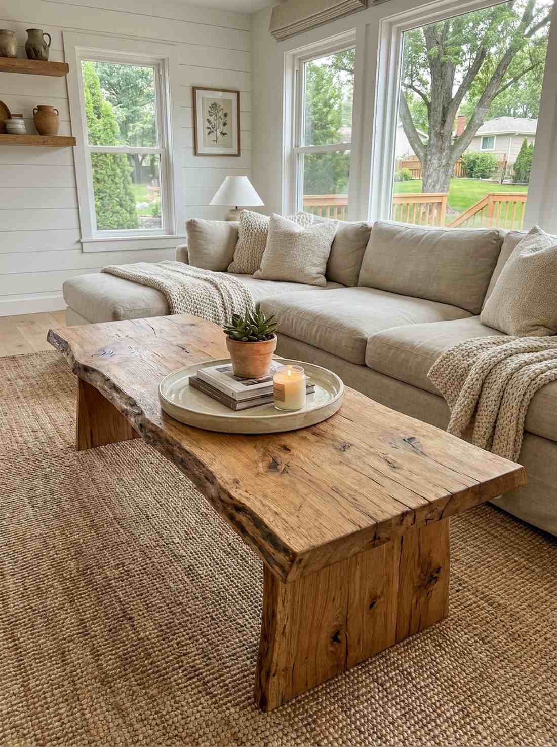 low wooden bench as coffee table