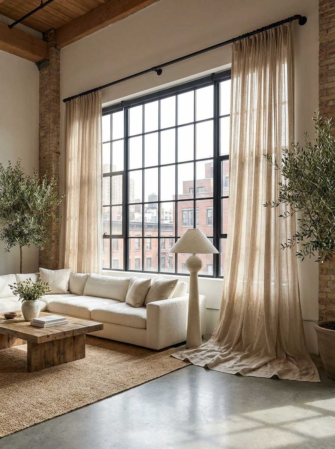 metal framed windows with flowing curtains