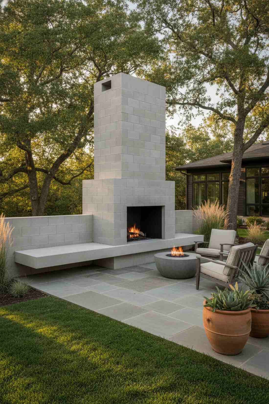 minimalist concrete block fireplace with floating bench